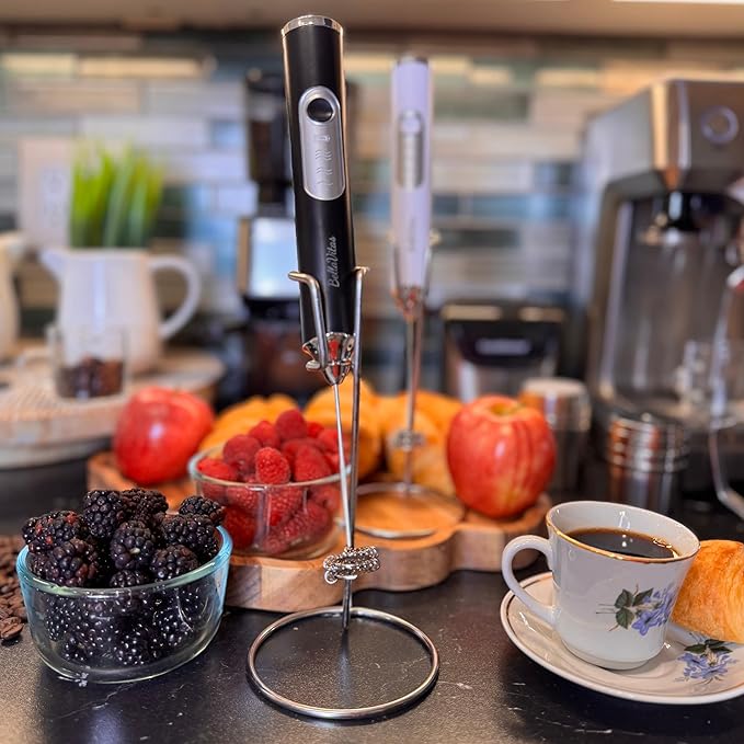 Rechargeable Handheld Milk Frother, Coffee Frother Wand with Stand and 2 Stainless Steel Whisks, Portable Mixer and Foamer, 3 Speed Whisk for Latte, Cappuccino, Matcha, Cocoa, Eggs, Black-1
