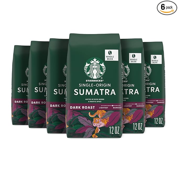 Starbucks Whole Bean Coffee, Dark Roast Coffee, Sumatra, 100% Arabica, 6 bags (12 oz each)