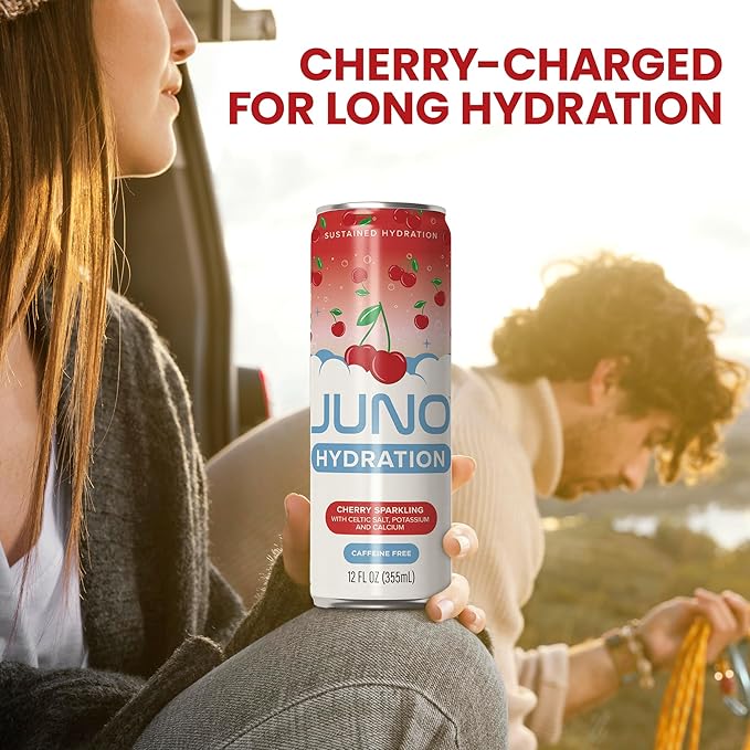 JUNO HYDRATION Organic Cherry Sparkling Drink - Sugar Free Electrolytes Organic Monk Fruit, Sour Cherry Juice, Black Cherry Extract and Hydrating with Celtic Salt, Potassium, Calcium - Premium Refreshing Beverage, 12 Pack