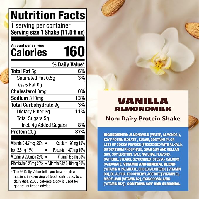 Premier Protein Almondmilk Plant Based Protein Shake, 20g Protein, 5g Sugar, 11.5 Fl oz, Vanilla, 12 Count