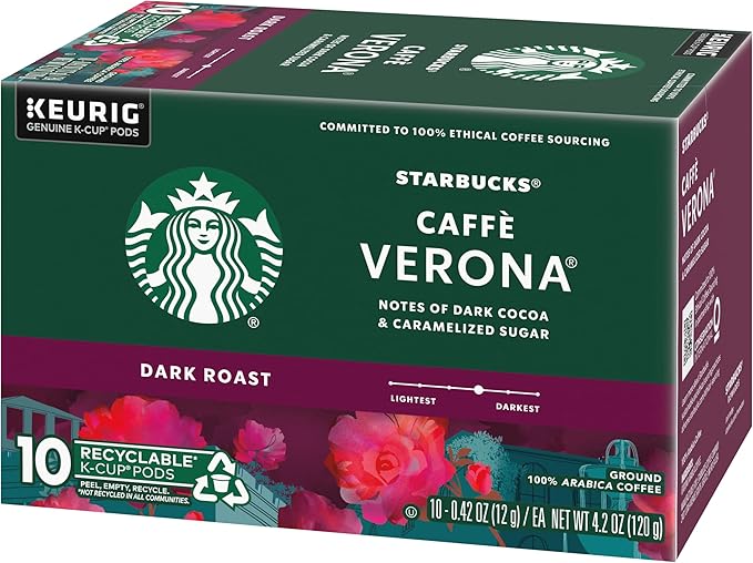 Starbucks Coffee K-Cup Pods, Caffè Verona, Dark Roast Coffee with Notes of Dark Cocoa & Caramelized Sugar, Keurig Genuine K-Cup Pods, 10 CT K-Cups/Box (Pack of 3 Boxes)