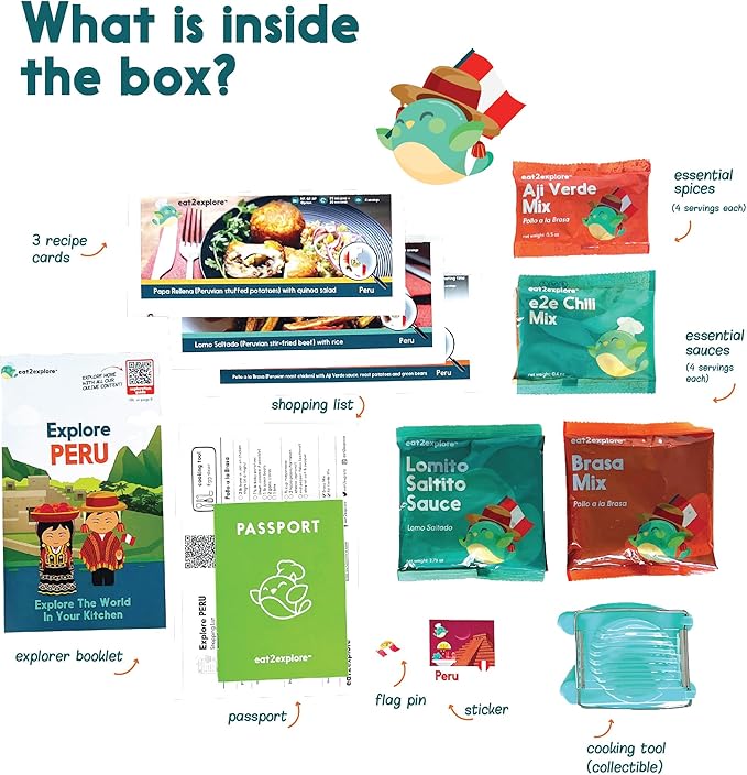 eat2explore Cooking Kits for Kids – Interactive & Educational Kids Cooking Sets Real for Ages 5 and Up,3 Recipe Cards & Global Ingredients – Fun Gift for Young Chefs (Peru Edition)
