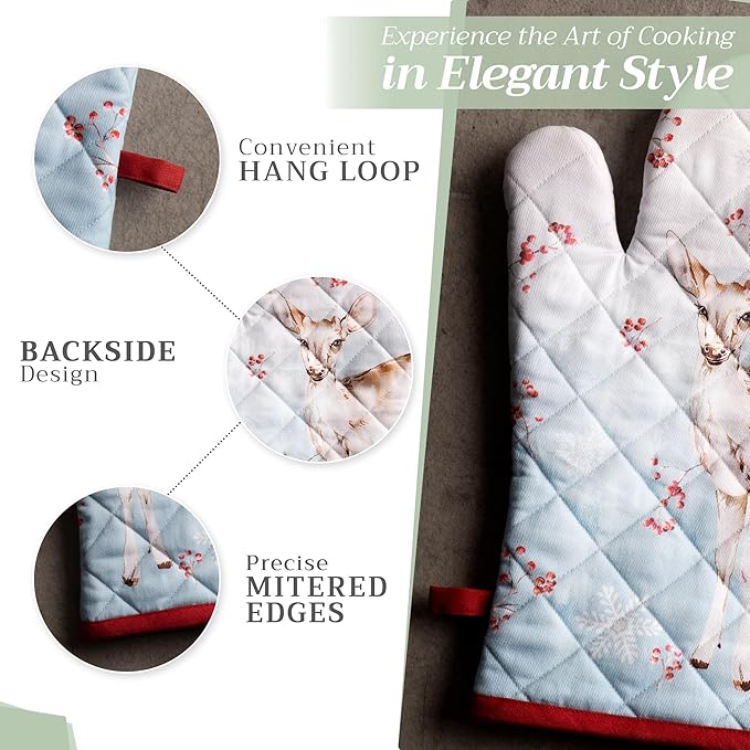 Maison d' Hermine 100% Cotton Oven Mitt & Pot Holder Set (7.5"x13" & 8"x8") Heat Resistant BBQ Cooking Gloves with Loop, Baking, Grilling, Kitchen, Handling Hot Pans (Fairytale Forest)