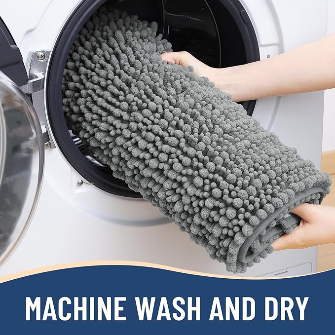 Arotive Luxury Chenille Bathroom Rug Mat, Extra Soft Thick Absorbent Shaggy Bath Rugs, Non-Slip Machine Wash Dry, Plush Bath Mats for Bathroom, Shower and Tub, 47x24, Grey