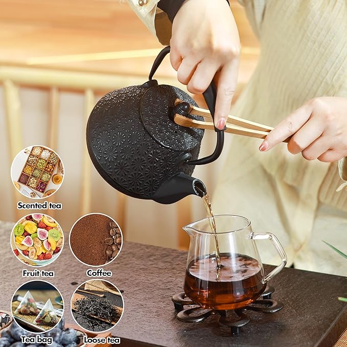 Cast Iron Teapot, 32oz Tea Kettle with Infuser for Stove Top, Sakura Blossom Pattern Japanese Tea Pot for Tea & Coffee Coated with Enameled Interior, Silicone Handle 950ml Blue