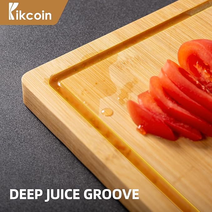 Bamboo Cutting Boards for Kitchen, (Set of 3) Kitchen Chopping Board with 3 Built-In Compartments and Juice Groove Heavy Duty Serving Tray Wood Butcher Block and Wooden Carving Board, Kikcoin