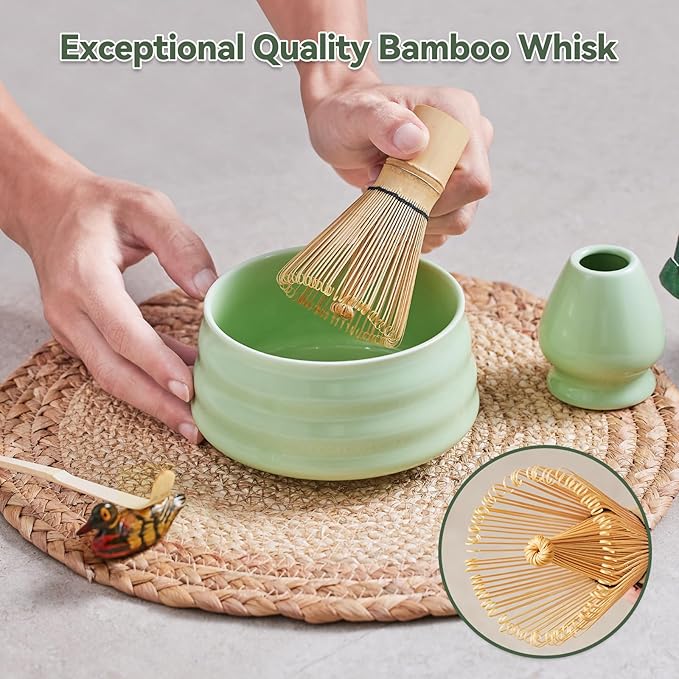 Japanese matcha set, matcha whisk and bowl, matcha sieve, matcha whisk holder, and matcha spoon - 8pcs Matcha Set (green)