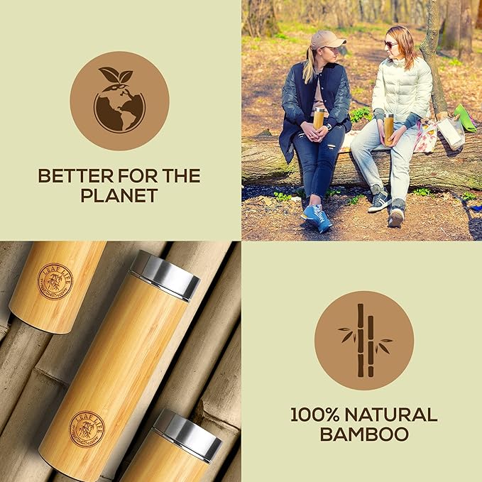 LeafLife Premium Bamboo Tea Bottle for Loose Tea - Tea Infuser Bottle - Tea Gifts - Insulated Water Bottle/Coffee Tumbler/Tea - Tea Gift Set, Tea Accessories - Tea Tumbler 12oz