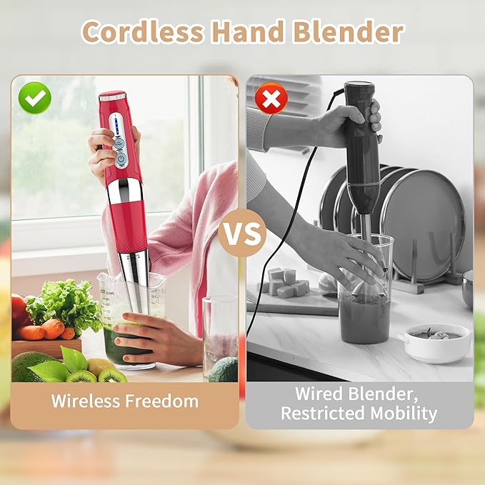 Cordless Immersion Blender Handheld: Powerful Rechargeable Electric Hand Blender, 21-Speed & 3-Angle Adjustable with Stainless Steel Blades for Milkshakes, Smoothies, Soup, Puree, Baby Food (Red)