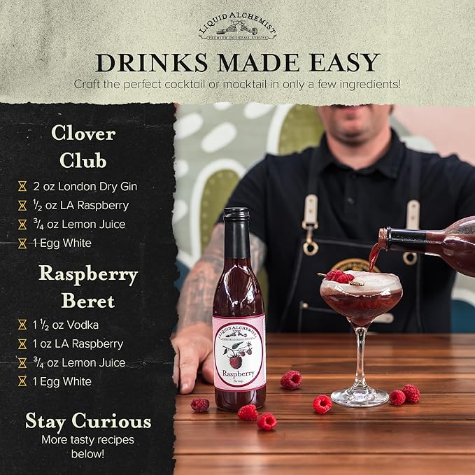 Liquid Alchemist Raspberry Syrup for Drinks - Real Ingredients Make the Perfect Summer Cocktail or Margarita Mix - Our Raspberry Cocktail Syrup is Non-GMO & Vegan (12 oz)