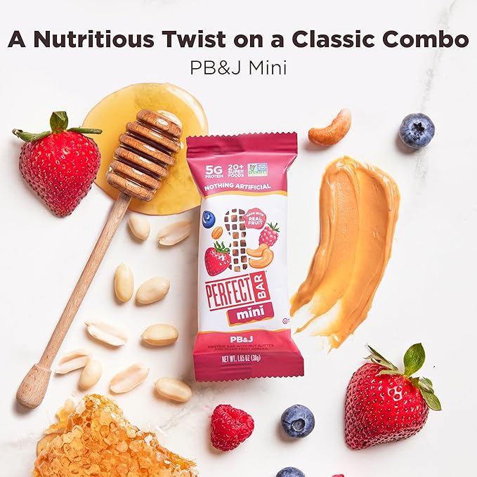 Perfect Bar Mini, PB&J Protein Bar, Protein Snack, Snack Bar, Gluten Free, Soy Free, Non GMO, No Sugar Alcohols, 1.5 Ounce Bar, 18 Count