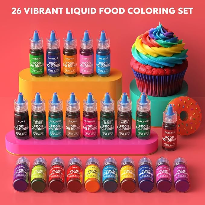 Food Coloring for Baking-24 Color Food Grade Vibrant Cake Coloring Liquid Set for Cake Decorating, Baking, Cookies, Easter Egg, Making DIY Supplies Kit- 0.25 Fl. oz (6 ml)/Bottles