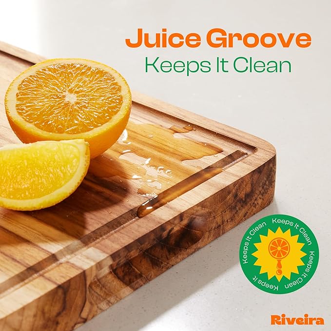 Riveira Teak Wood Cutting Board – Gourmet Teak Grandeur: 24 x 18 Wooden Cutting Board – Natural Wooden Cutting Boards For Kitchen Decorative – Innovative Juice Grooves Teak Wooden Chopping Board