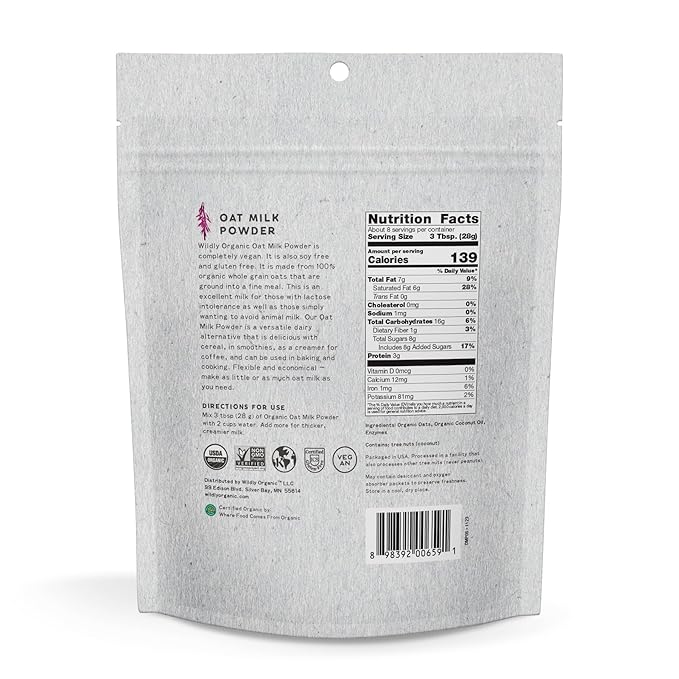 Wildly Organic Oat Milk Powder, 16 Oz, 1 lb Bag - Organic, Dairy-Free, Lactose-Free, Vegan, Gluten-Free, Plant-Bassed, Resealable Package - Excellent for Smoothies, Cereal, & Creamers
