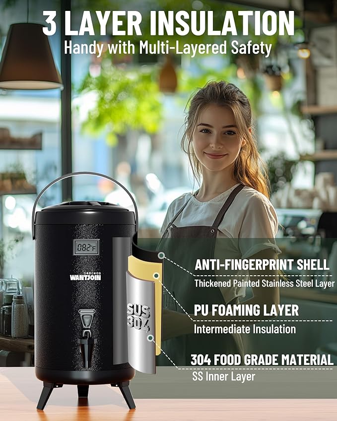 WantJoin Insulated Beverage Dispenser - Thermal 12L/3.2Gal Stainless Steel Hot & Cold Drink Dispenser with Spigot for Tea, Coffee, Milk, Water & Juice (Black)