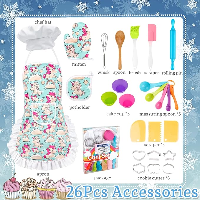 KAEGREEL Kids Baking Chef Set with Unicorn Apron and Mitt, 26pcs Kitchen Toys Kid Cooking Set with Chef Hat Spoons Whisk, Chef Supplies Role Play Gifts for Girls Boys Aged 3 4 5 6 7 8 Years Old