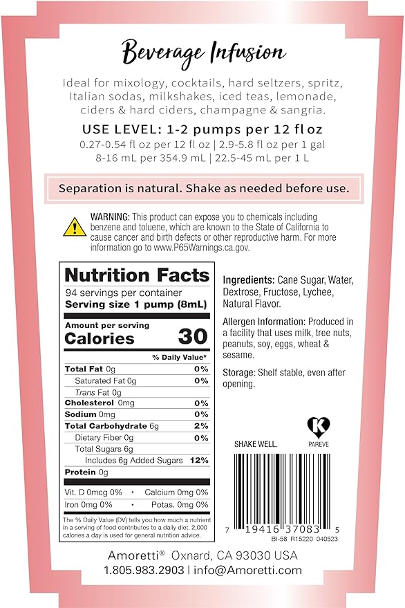 Amoretti - Lychee Beverage Infusion, 94 Servings Per Bottle (750 ml) - Drink Mix & Water Enhancer with Pump for Flavoring Cocktails, Waters, Teas, and other Beverages, Preservative Free