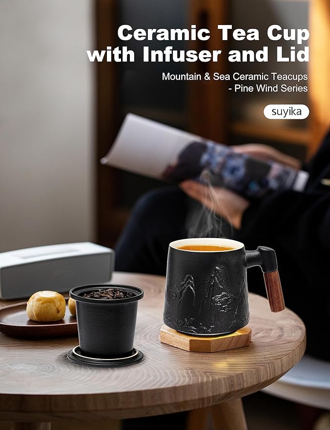 suyika Ceramic Tea Cup with Infuser and Lid, Gradient Embossed Large Tea Mug Wooden Handle for Steeping Loose Leaf, Tea Lover Gifts 15.2 oz / 450 ml,Matte Black
