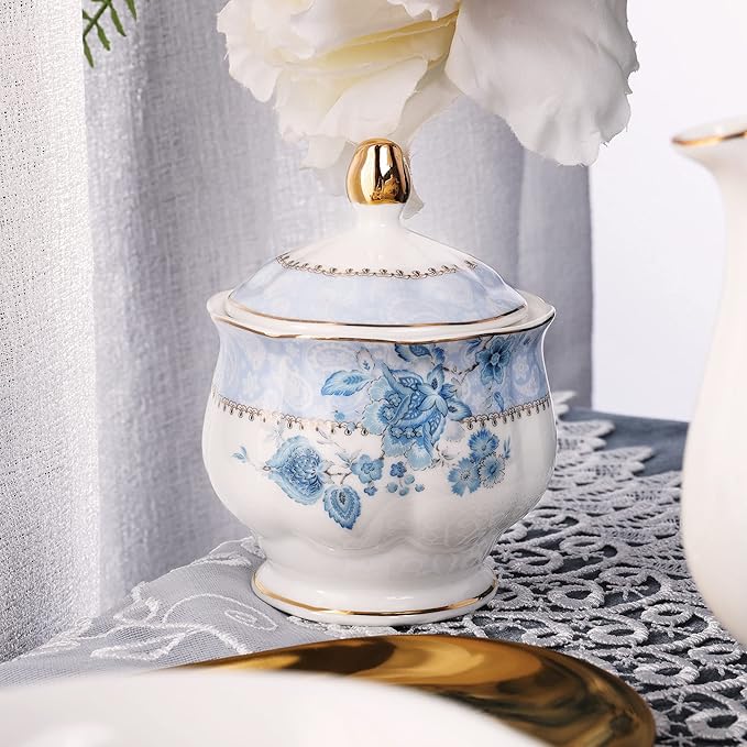 fanquare Blue Flowers Porcelain Tea Set, Tea Cup and Saucer Set Service for 6, Wedding Tea Set with Sugar Bowl Cream Pitcher, Floral Coffee Set for Tea Party
