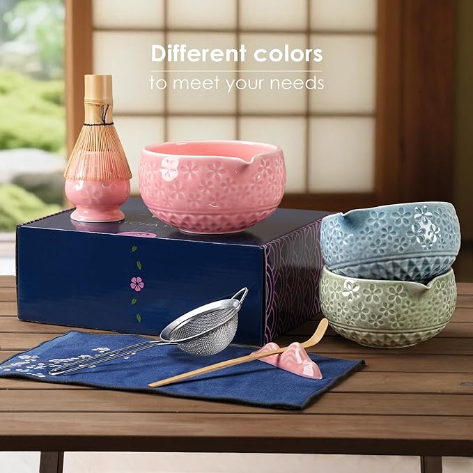 7Pcs Matcha Whisk Set, Ceramic Matcha Bowl with Spout, Bamboo Whisk and Holder, Bamboo Scoop, Scoop Rest, Sifter and Tea Towel, Matcha Kit with Cherry Blossom Carved Patterns for Matcha Lovers (Pink)