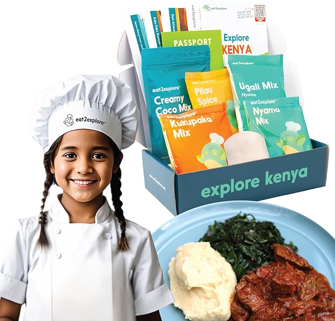 eat2explore Cooking Kits for Kids – Interactive & Educational Kids Cooking Sets Real for Ages 5 and Up,3 Recipe Cards & Global Ingredients – Fun Gift for Young Chefs (Kenya Edition)