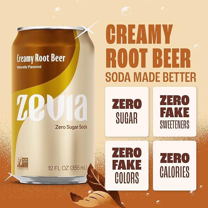 Zevia Zero Sugar Soda, Creamy Root Beer, 12 oz Cans (24-Pack) – Naturally Sweetened, Non-GMO Project Verified, Gluten-Free, Vegan