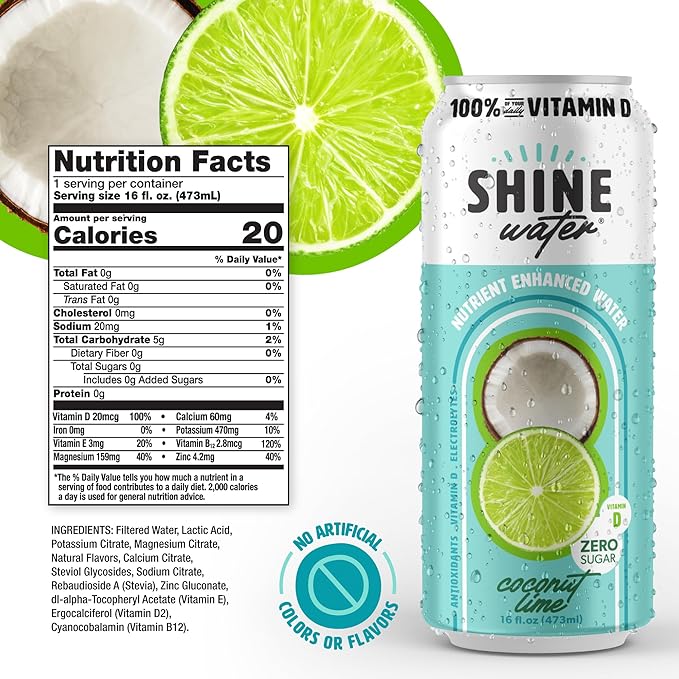 ShineWater Coconut Lime Vitamin D Electrolyte Drink | Zero Sugar Hydration Beverage with Magnesium, Zinc & Antioxidants | Low Calorie Plant-Based Vitamin Water | 12 Pack