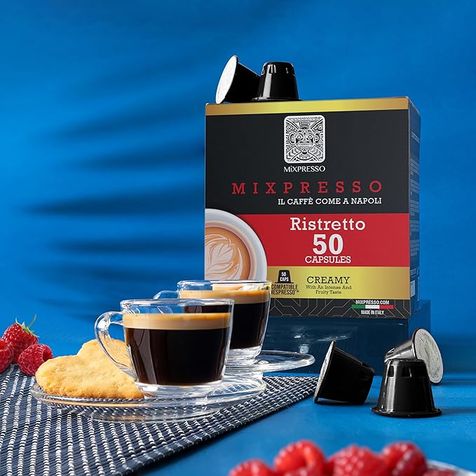 Mixpresso Coffee Ristretto Espresso Capsules Compatible With Nespresso Original Brewers, Single Cup Coffee Pods 100% from Italy Dark Roast 80% Arabica Espresso, 50 Count Coffee Capsule Intensity 12/12