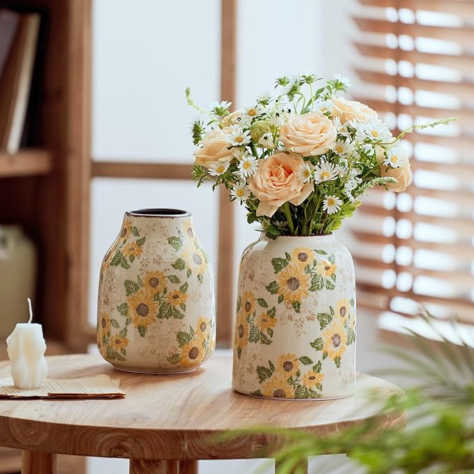 Vintage Ceramic Vase, 7.9 Inch Chinoiserie Sunflower Yellow Floral Vases, Retro Ice Cracked Rustic Antique Flower Vases for Modern Coffee Table Home Decor (Medium Cylinder)