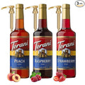Raspberry, Strawberry, Peach Syrup - Fruit Flavors For Italian Soda Flavoring - 3 Pack with 3 Jimoco Pump Dispensers