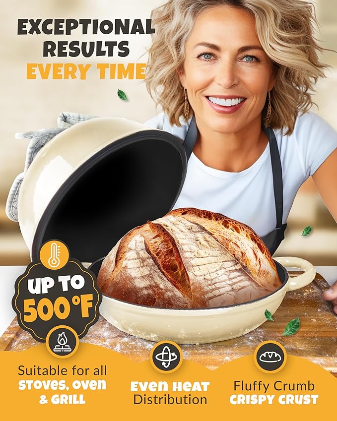Dutch Oven Bread Baking - 5QT Enamel Bread-Oven - incl Sourdough Bread-Baking Suppliers like Dough Whisk Scoring Lame etc Bread-Dome Cast Iron Bread-Pan with Lid for Sour dough, Bread-making