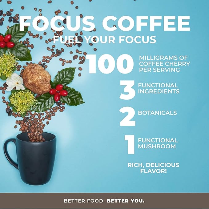 Laird Superfood Focus Coffee, Medium Roast Ground Coffee Infused with Functional Mushrooms and Botanical Adaptogens, 12 oz. Bag (Pack of 2)