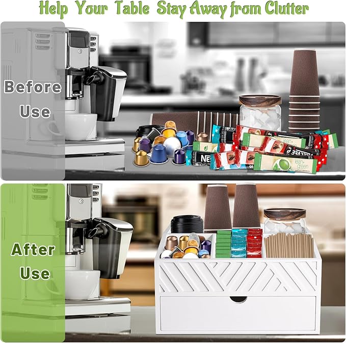 Farmhouse Wooden Coffee Bar Organizer - Countertop Station With Drawer, Pods Holder & Storage Basket