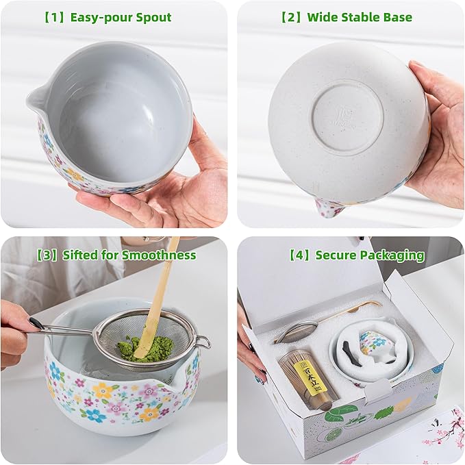 TEANAGOO Matcha Whisk Set,7 Pcs Matcha Set White,Ceremony Matcha Kit,Matcha Tea Set for Making Latte,Ceramic Bowl(chawan) whith Spout and Whisk,Gift for Matcha Lovers