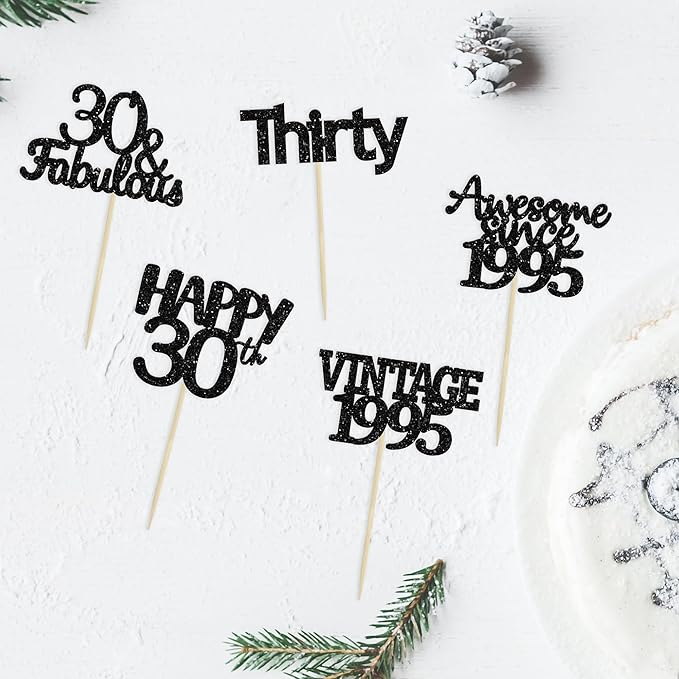 Gyufise 30Pcs Black Glitter Vintage 1995 Cupcake Toppers Awesome Since 1995 Cake Decorations Cheers to 30 Fabulous Thirty Cupcake Picks 30th Birthday Wedding Anniversary Party Cake Decorations