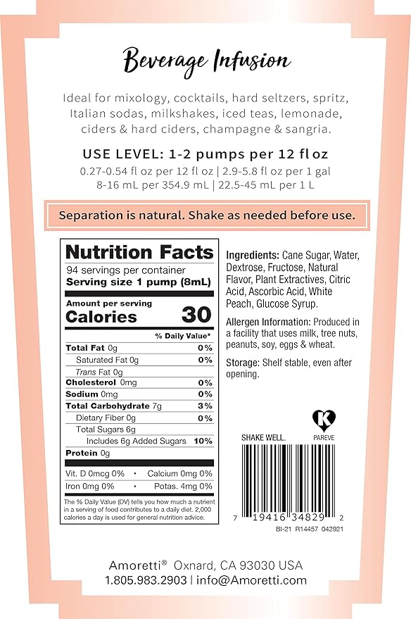 Amoretti - White Peach Beverage Infusion - Drink Mix & Water Enhancer with Pump for Flavoring Cocktails, Waters, Teas, and other Beverages, Preservative Free