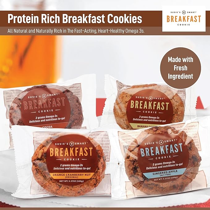 Susie’s Smart Breakfast Cookie, Mixed Box of 12 Breakfast Cookies (3) Orange Cranberry Nut (3) Gingered Apple (3) Banana Coconut (3) Cocoa Omega-3 and Protein-Rich, Soft Chewy Whole Grain Snack, Healthy On-the-Go Breakfast or Anytime Treat 3.5 oz Each.