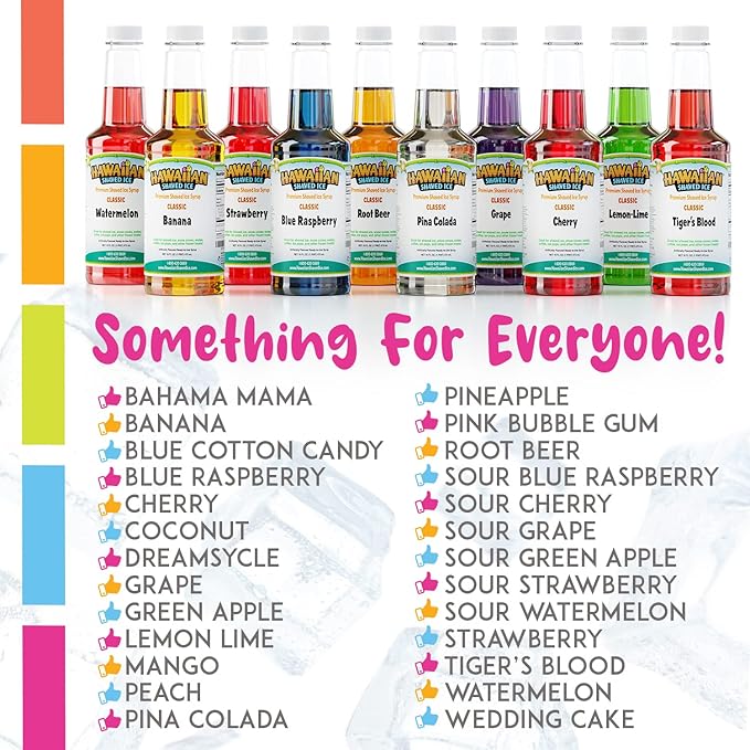 Hawaiian Shaved Ice Syrup Variety Pack - 10 Premium Snow Cone Flavors - Long-Lasting Shaved Ice Flavorings for Home & Business Use - 16oz Bottles