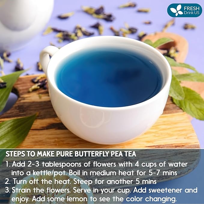 FreshDrinkUS, Premium 8oz Blue Butterfly Pea Flowers Dried – Premium Whole Flower Herbal Tea – Vibrant Blue Natural Color – Caffeine-Free Loose Flower Tea. Vegan