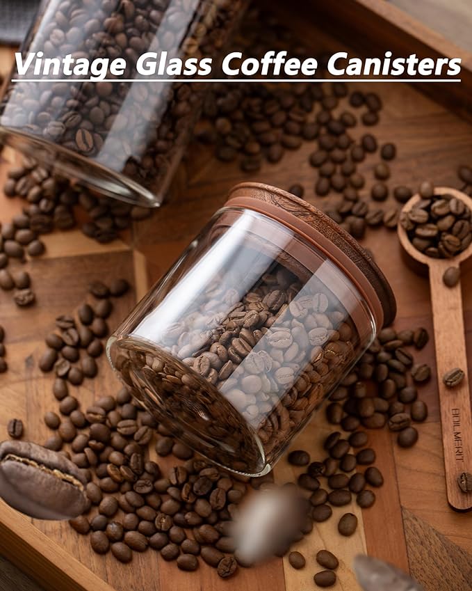 500ml Glass Coffee Canister with Wooden Lids and Scoop, Kitchen Coffee Container Set of 2 Hold Up to Total 12 oz of Coffee Bean, Airtight Food Storge Jars for Ground Coffee Bar Cereal Snack
