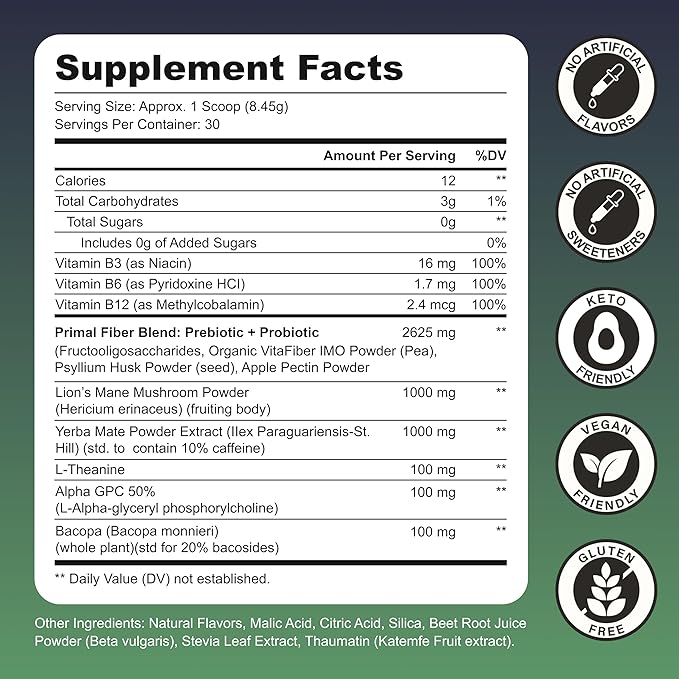 Yerba Mate Instant Tea Powder - Strawberry Kiwi, 4-in-1 Functional Blend, Supports Energy, Focus and Gut Health - Nootropic, Prebiotic & Probiotic Mix with Vitamin B3, B6 & B12 | 30 Servings