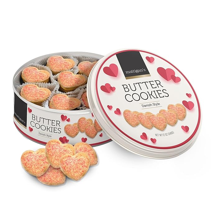 Mattigan's Pink Heart Butter Cookies Danish Style Cookie, 12 Oz Tin 2-Pack, Gourmet Gifts for Birthday, Special Occasions, Assorted Cookie Dessert Sweets, Two Reusable Metal Tin