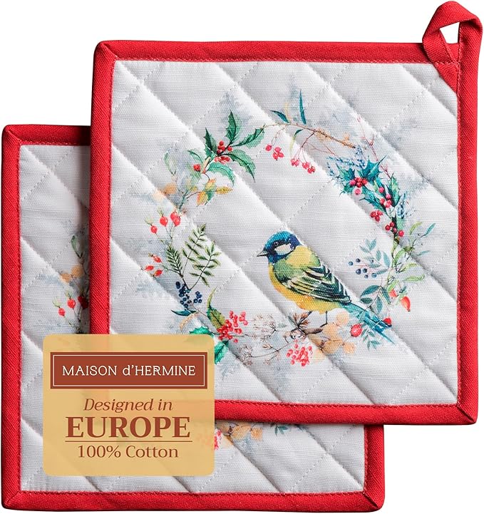 Maison d' Hermine Pot Holders Set 100% Cotton Heat Resistant Potholders 8" x 8" Hot Pads with Loop BBQ, Cooking, Baking, Grilling, Kitchen, Handling Hot Pans (Pack of 2, Morzine)