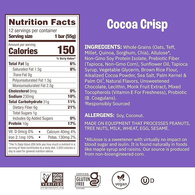 Munk Pack Probiotic Protein Bars - Cocoa Crisp | 10g Plant Protein, 1g Sugar, 6g Fiber | Diabetic-Friendly Ideal Breakfast Bars - On-the-Go Snacks, Gluten-Free, Non-GMO | 12 Count