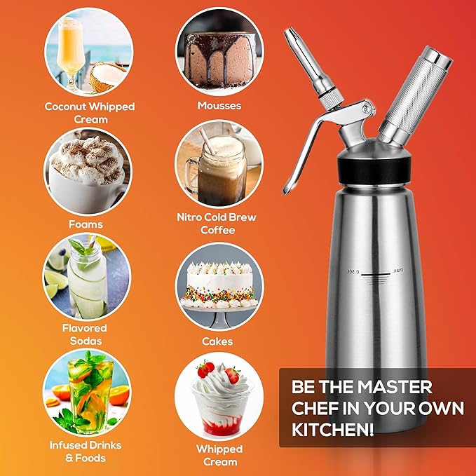 OCTANDRA 304 Stainless Steel Whipped Cream Dispenser 500mL/1 Pint Whip Cream Canister Maker Commercial Grade Whipping Siphon Cream Whipper with 3 Decorating Tips, 4 Injector Tips & Charger Holder