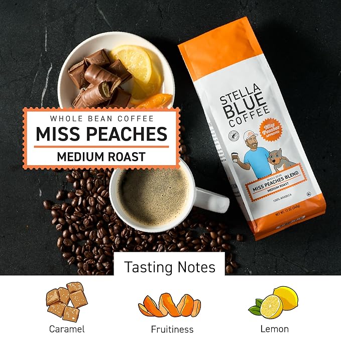 Stella Blue Whole Bean Coffee, Miss Peaches Blend, Medium Roast, Citrus, Caramel and Fruity Notes, 100% Arabica, Ethically Sourced from Central and South America, 12 oz bag