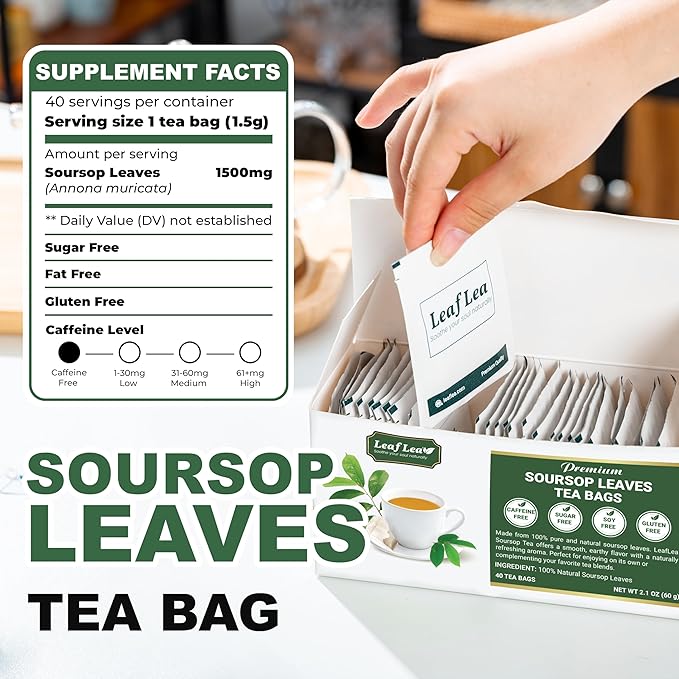 LeafLea 240 Premium Soursop Leaf Tea Bags, 100% Dried Soursop Graviola Leaves with a Smooth, Earthy Flavor, Hoja Guanabana Leaf Herbal Tea Bags for Natural Digestion Support, No Caffeine, Sugar-Free