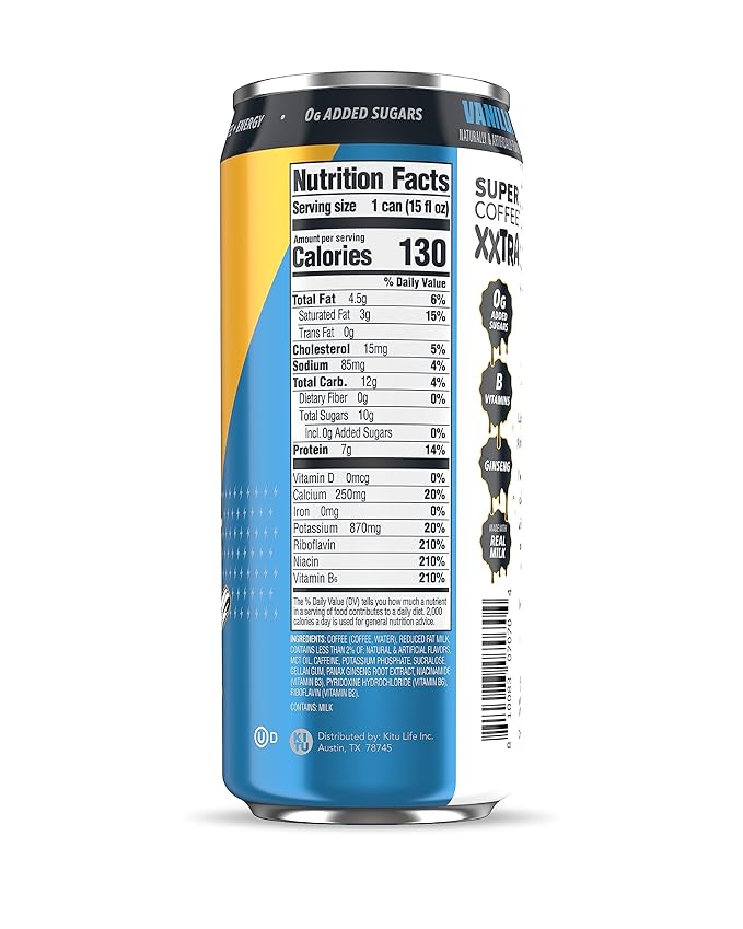 Super Coffee XXTRA, Keto Protein Coffee (0g Added Sugar, 7g Protein, 130 Calories) [Vanilla] 15 Fl Oz, 12 Pack | Iced Smart Coffee Drinks - SoyFree GlutenFree