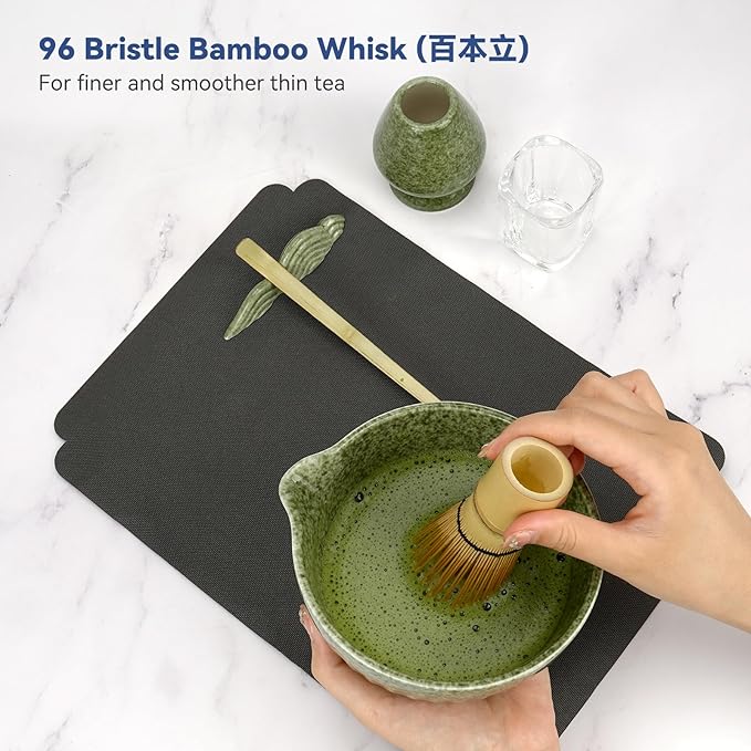 10-Pcs Matcha Kit Set, Whisk and Bowl with Spout & Measuring Spoon, Japanese Tea Making Tools, Complete Matcha Gift Set for Starter, Mottled Green