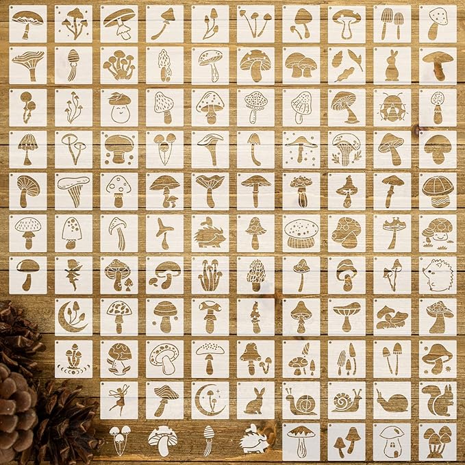 Fainne 100 Pcs Stencils for Painting on Wood Reusable Stencil Crafts Drawing Templates Holiday Wall Paper for DIY Scrapbook Home 2 x 2 Inch(Mushroom)